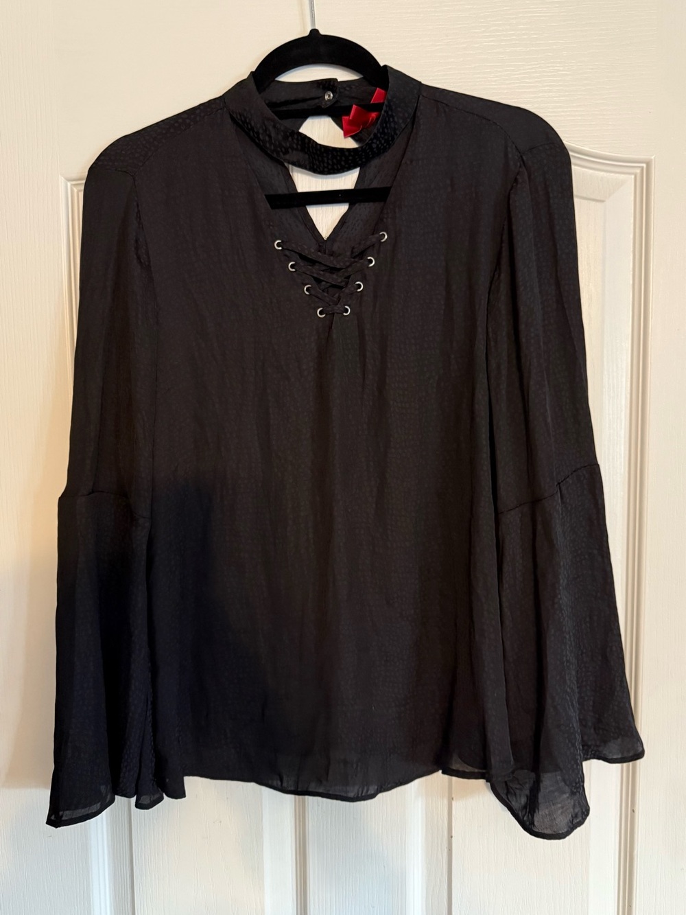 Jennifer Lopez Black Lace-Up Sheer Bell-Sleeve Blouse